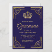 Vintage Blue Gold Ornate Crown Quinceanera Invitation (Front)