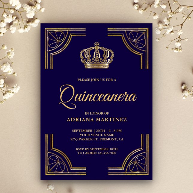 Vintage Blue Gold Ornate Crown Quinceanera Invitation