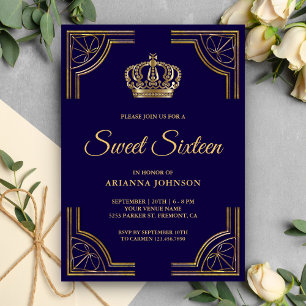 Vintage Blue Gold Ornate Crown Sweet Sixteen Invitation