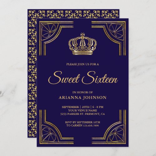 Vintage Blue Gold Ornate Crown Sweet Sixteen Invitation