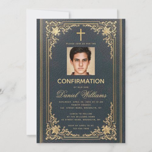 Vintage  Blue Gold Photo Elegant Boy Confirmation Invitation