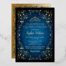 Vintage Blue Gold Princess Tiara Quinceañera  Foil Invitation