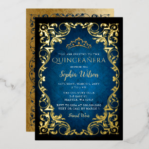 Vintage Blue Gold Princess Tiara Quinceañera  Foil Invitation