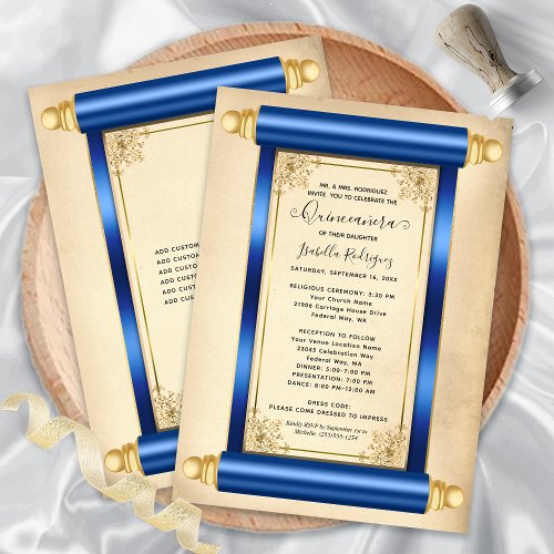 Vintage Blue Gold Scroll Elegant Quinceaera Invitation