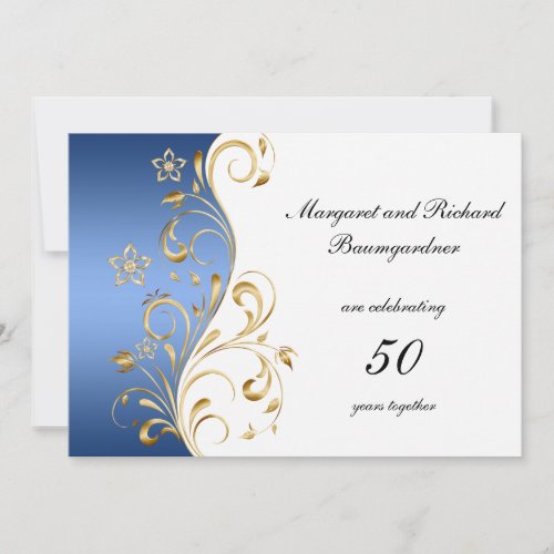 Vintage Blue Gold Swirls 50th Wedding Anniversary Invitation