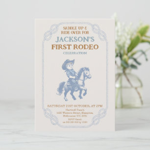 Vintage Blue Gray Cowboy First Rodeo 1st Birthday Invitation