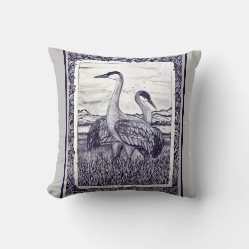 Vintage Blue Gray Crane Bird Nature Animal Scene Throw Pillow