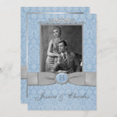 Vintage Blue, Gray Damask Scrolls Photo Wedding Invitation (Front/Back)