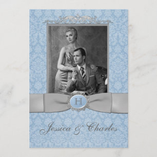 Vintage Blue, Gray Damask Scrolls Photo Wedding Invitation