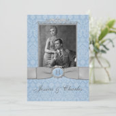 Vintage Blue, Gray Damask Scrolls Photo Wedding Invitation (Standing Front)
