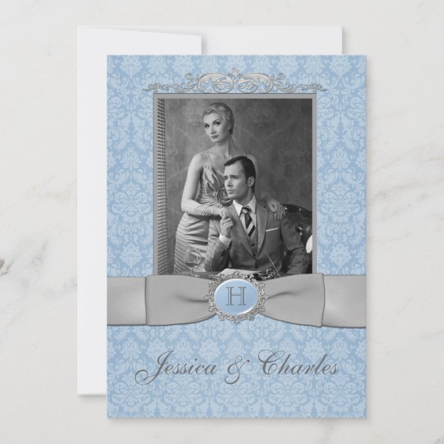 Vintage Blue, Gray Damask Scrolls Photo Wedding Invitation (Front)