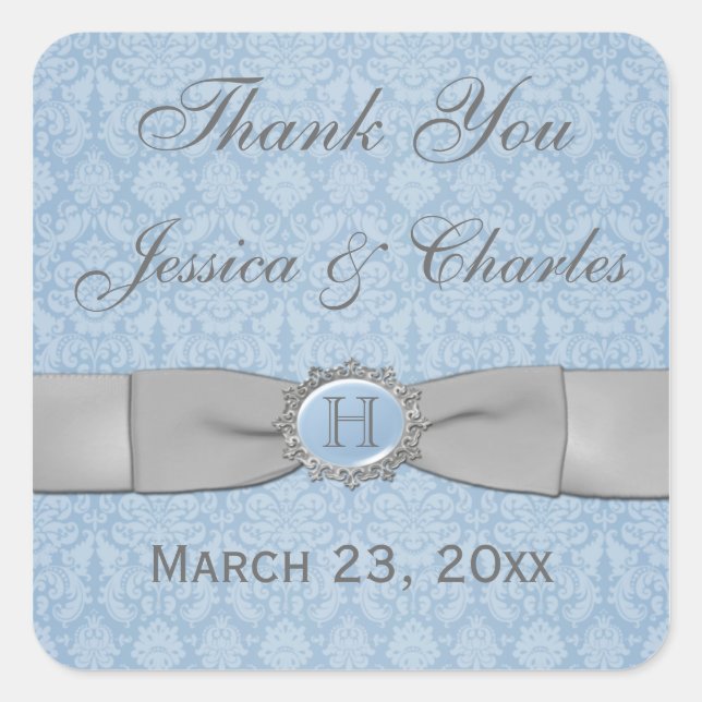 Vintage Blue, Gray Damask Wedding Favor Sticker (Front)