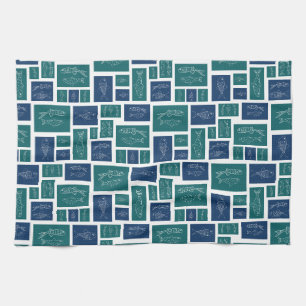 Vintage Blue Green Fish Pattern Kitchen Towel