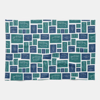 Vintage Blue Green Fish Pattern Kitchen Towel