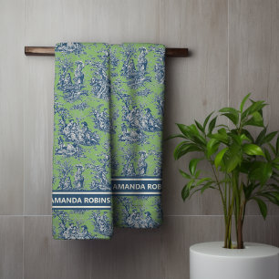 Vintage Blue Green French Country Toile de Jouy Bath Towel Set