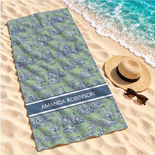 Vintage Blue Green French Country Toile de Jouy Beach Towel