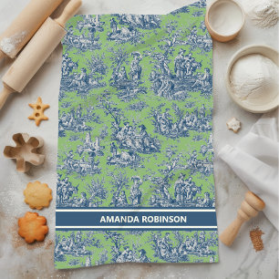 Vintage Blue Green French Country Toile de Jouy Kitchen Towel
