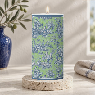 Vintage Blue Green French Country Toile de Jouy Pillar Candle