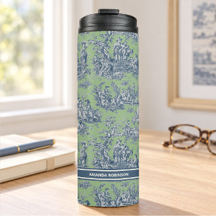 Vintage Blue Green French Toile de Jouy Thermal Tumbler