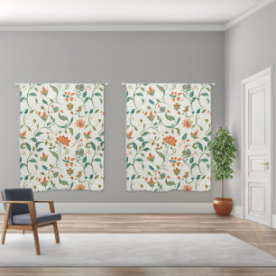 Vintage Blue-Green Leaves & Orange Floral Pattern Blackout Curtains