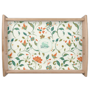 Vintage Blue-Green Leaves & Orange Floral Pattern Serving Tray