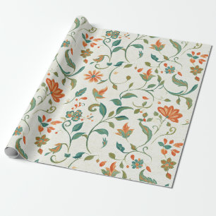 Vintage Blue-Green Leaves & Orange Floral Pattern Wrapping Paper