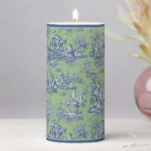 Vintage blue green toile de jouy printed pillar candle