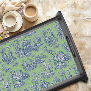 Vintage Blue Green Toile de Jouy Style Print Serving Tray