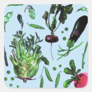Vintage Blue Green Vegetable Garden Watercolor Square Sticker