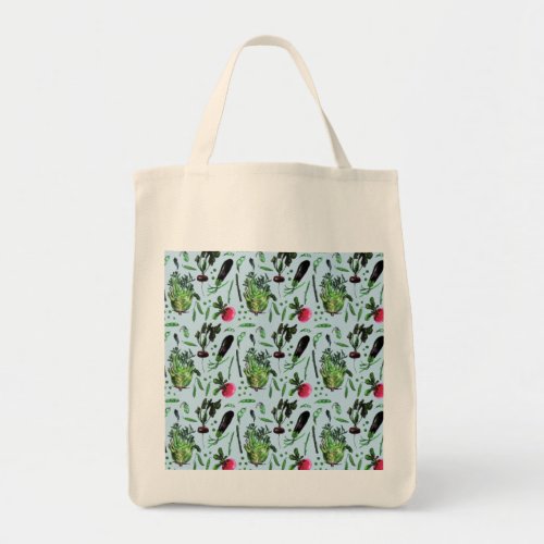 Vintage Blue Green Vegetable Garden Watercolor Tote Bag