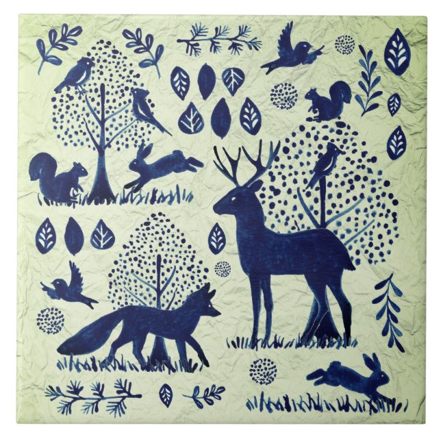 Vintage Blue  & Green Woodland Animal Fox Rabbit Ceramic Tile (Front)