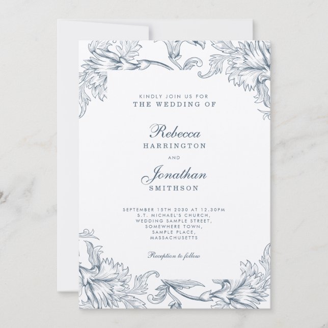 Vintage Blue Grey Floral Wedding Invitation (Front)