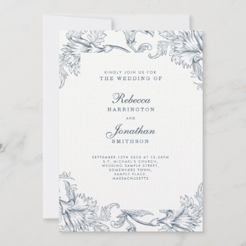 Vintage Blue Grey Floral Wedding RSVP Invitation