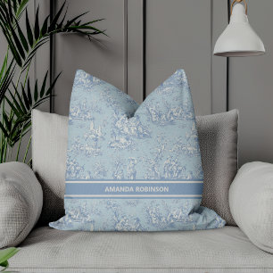 Vintage Blue Grey French Toile de Jouy Floral Throw Pillow