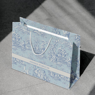 Vintage Blue Grey Toile de Jouy Chic Large Gift Bag