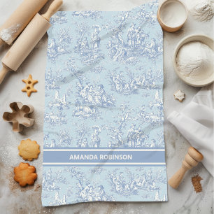 Vintage blue grey toile de jouy printed kitchen towel