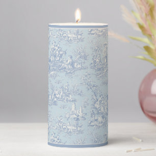 Vintage blue grey toile de jouy printed pillar candle