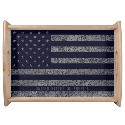 Vintage Blue Grunge American Flag Distressed Text Serving Tray