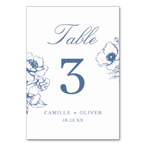 Vintage Blue Hand_drawn Floral Garden Wedding Table Number
