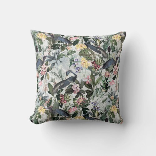 Vintage Blue Heron Tropical Jungle Pattern gray Throw Pillow