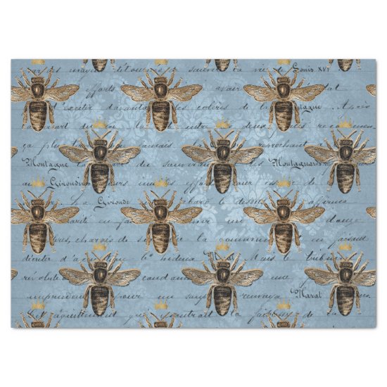 Vintage Blue Honey Bee Decoupage Tissue Paper