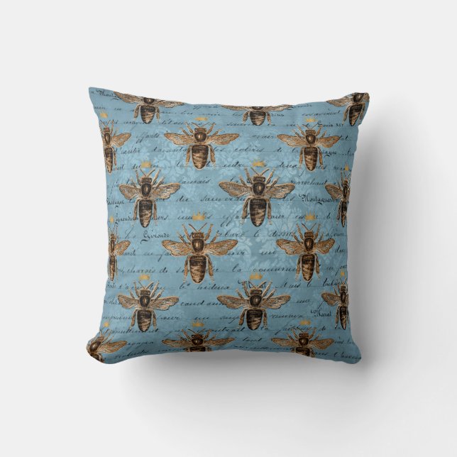 Vintage Blue Honey Bee Throw Pillow (Front)