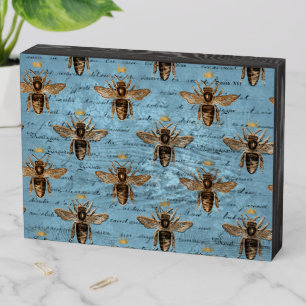 Vintage Blue Honey Bee Wooden Box Sign