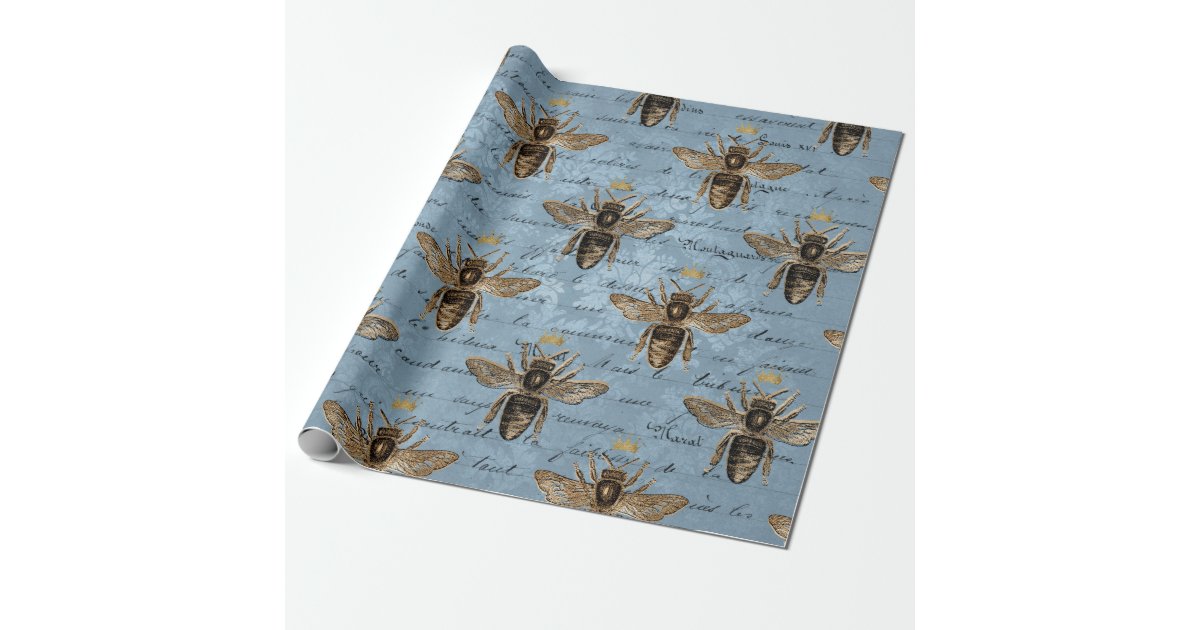 Download Vintage Blue Honey Bee Wrapping Paper | Zazzle.com