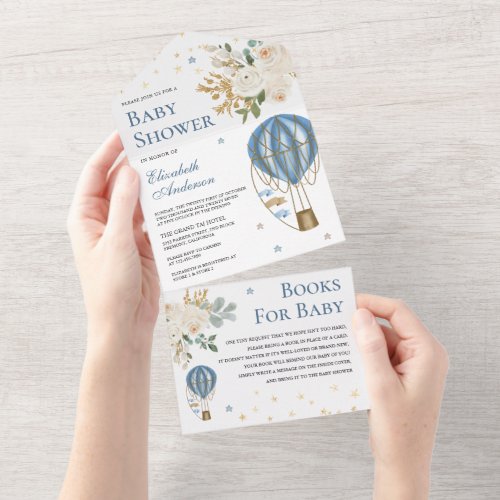 Vintage Blue Hot Air Balloon Baby Shower All In One Invitation