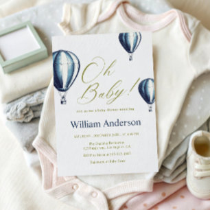 Vintage Blue Hot Air Balloon Baby Shower Invitation