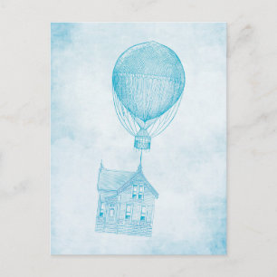 Vintage Blue Hot Air Balloon Moving Cottage Postcard