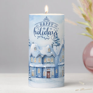 Vintage Blue Houses Christmas Pillar Candle
