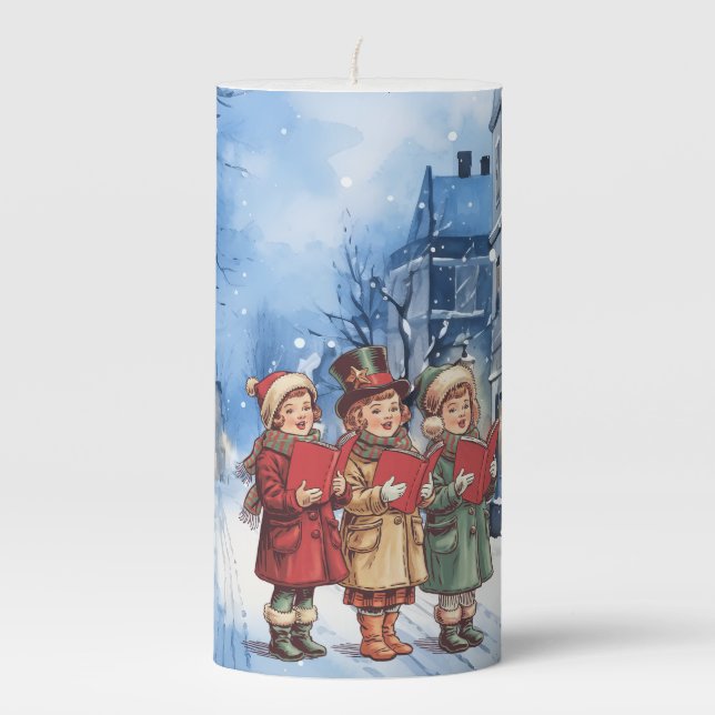 Vintage Blue Houses Vintage Carolers Pillar Candle (Front)