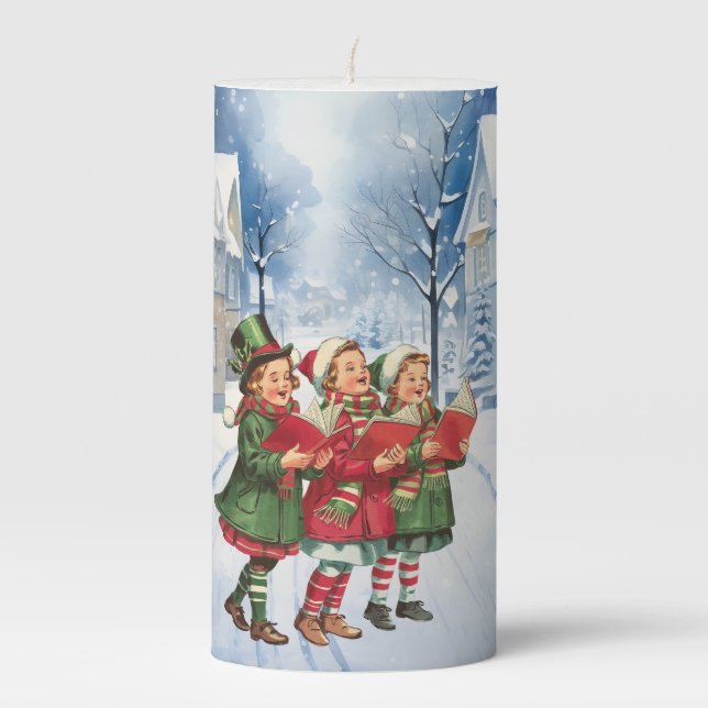 Vintage Blue Houses Vintage Carolers Pillar Candle (Front)
